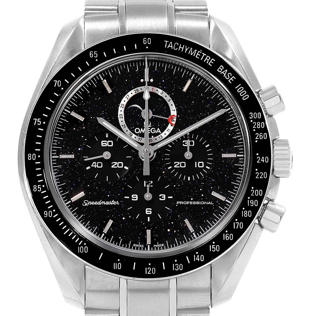 This image shows a front view of the Omega Speedmaster 311.30.44.32.01.001 Men
s Stainless Steel Black Dial 311.30.44.32.01.001 Men
s Stainless Steel Black Dial watch, displaying its face, bezel, and stainless-steel bracelet.