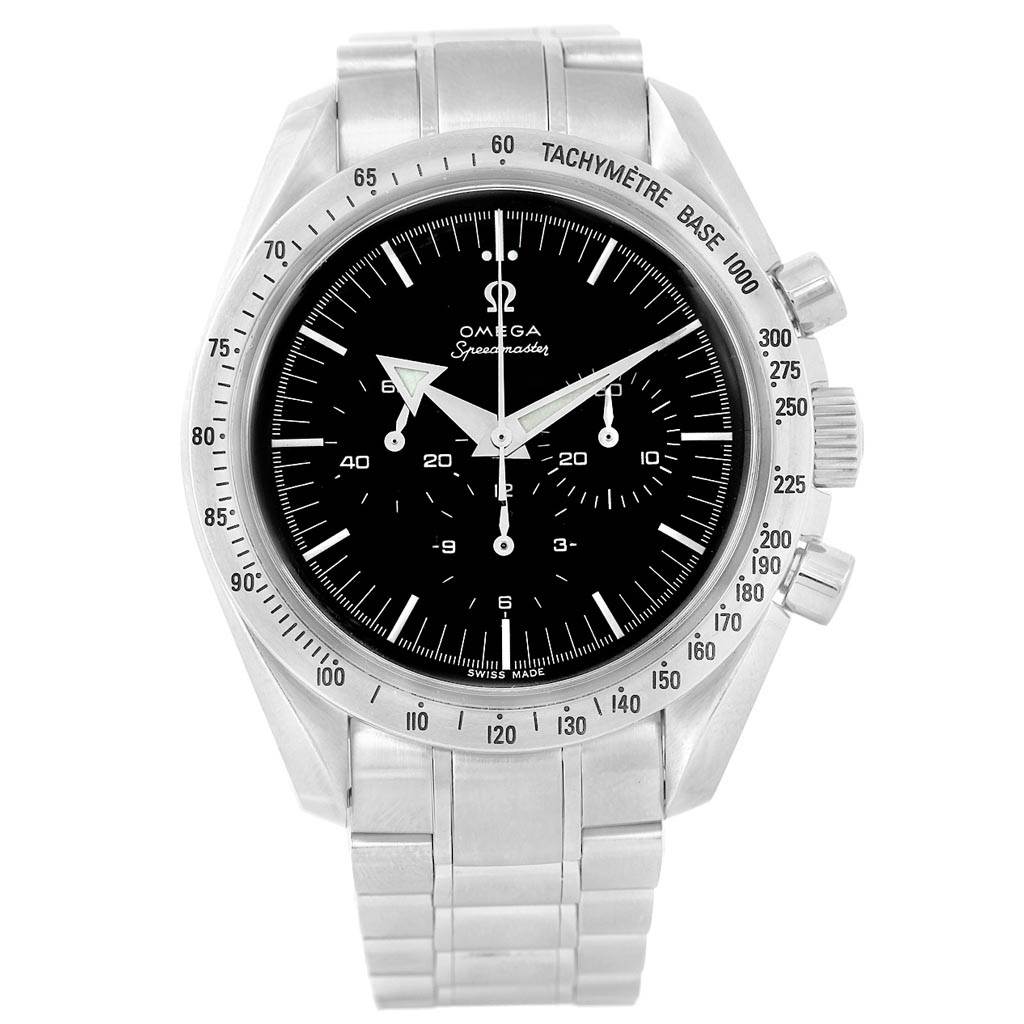 The Omega Speedmaster 3594.50.00 Men
s Stainless Steel Black Dial 3594.50.00 Men
s Stainless Steel Black Dial watch is shown from the front, featuring its black dial, tachymeter bezel, and stainless steel bracelet.