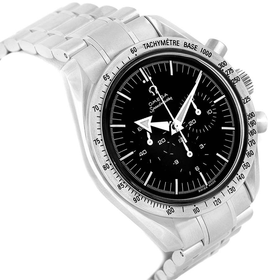 The image shows an angled side view of the Omega Speedmaster 3594.50.00 Men
s Stainless Steel Black Dial 3594.50.00 Men
s Stainless Steel Black Dial, displaying its dial, bezel, and a portion of the bracelet.