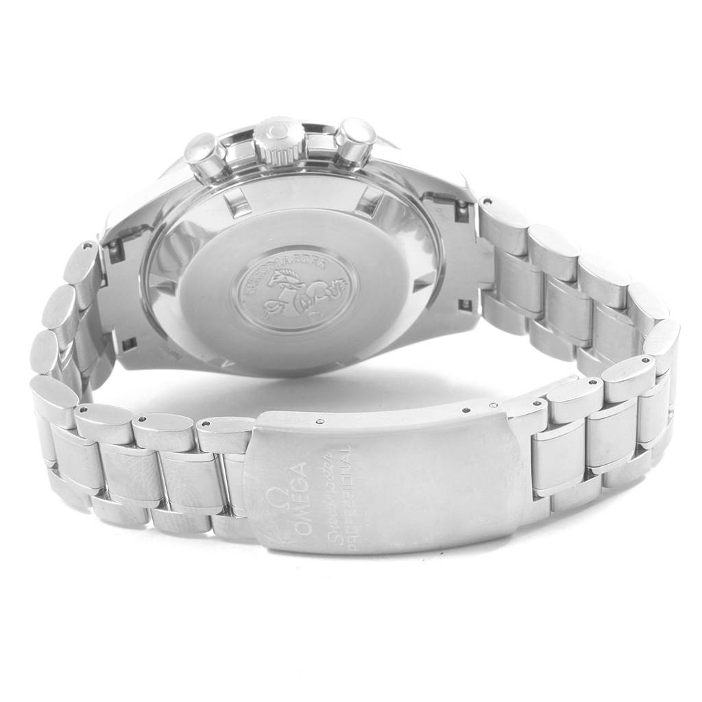 This is a rear view of an Omega Speedmaster 3594.50.00 Men
s Stainless Steel Black Dial 3594.50.00 Men
s Stainless Steel Black Dial watch, showcasing the case back, bracelet, and clasp.