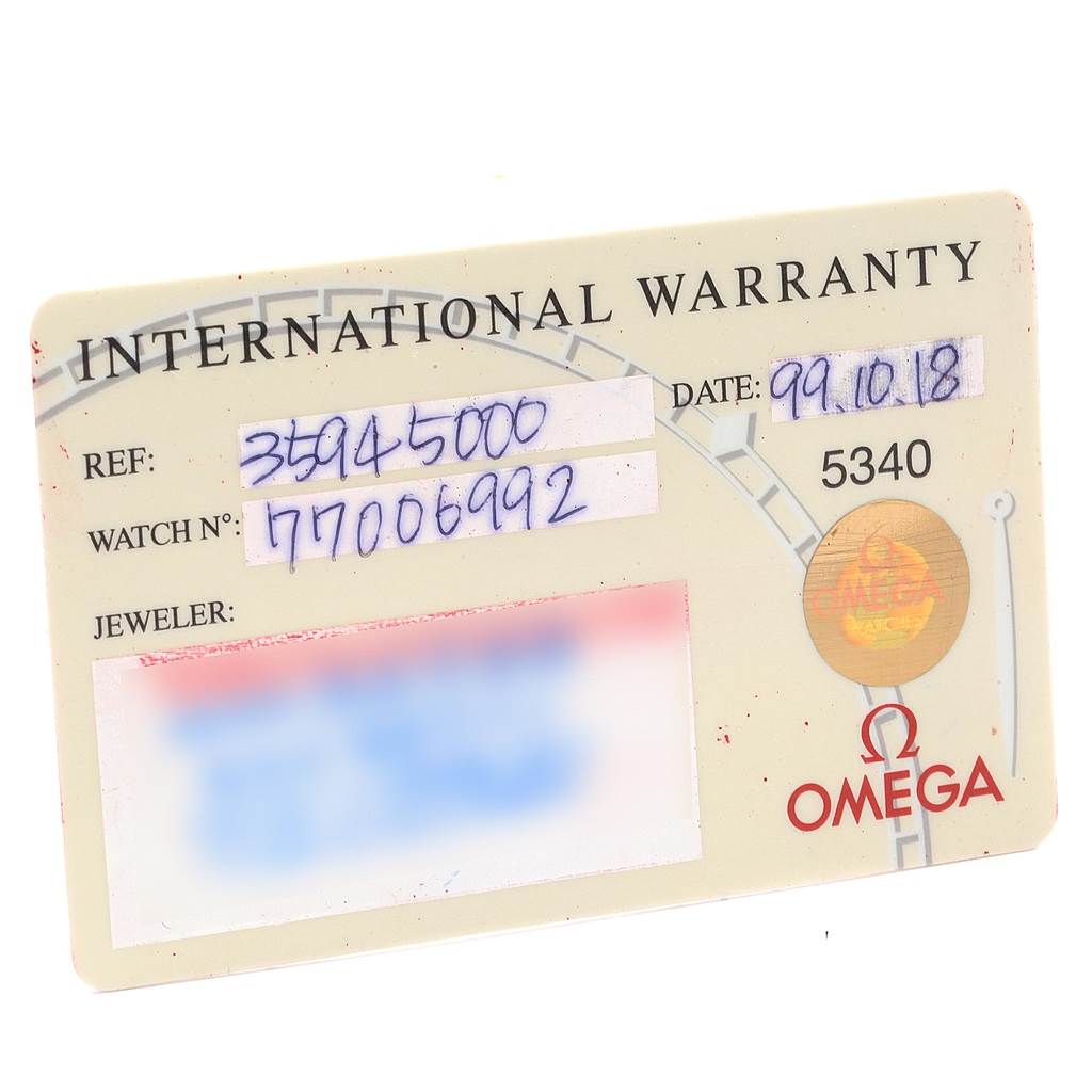 This image shows an International Warranty card for an Omega Speedmaster 3594.50.00 Men
s Stainless Steel Black Dial 3594.50.00 Men
s Stainless Steel Black Dial watch, specifically showing the reference and watch numbers.