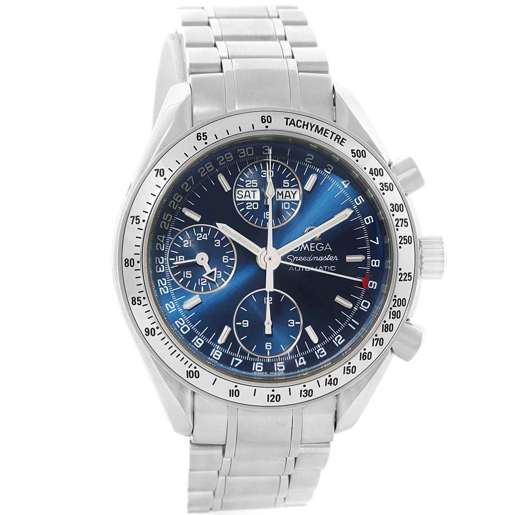 The Omega Speedmaster 3523.80.00 Men
s Stainless Steel Blue Dial 3523.80.00 Men
s Stainless Steel Blue Dial watch is shown from the front angle, displaying the face, bezel, crown, and bracelet.
