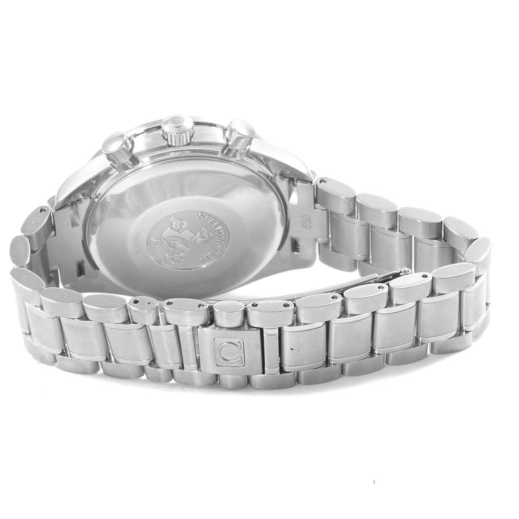 The image shows the back casing and bracelet of an Omega Speedmaster 3523.80.00 Men
s Stainless Steel Blue Dial 3523.80.00 Men
s Stainless Steel Blue Dial watch from a rear angle.