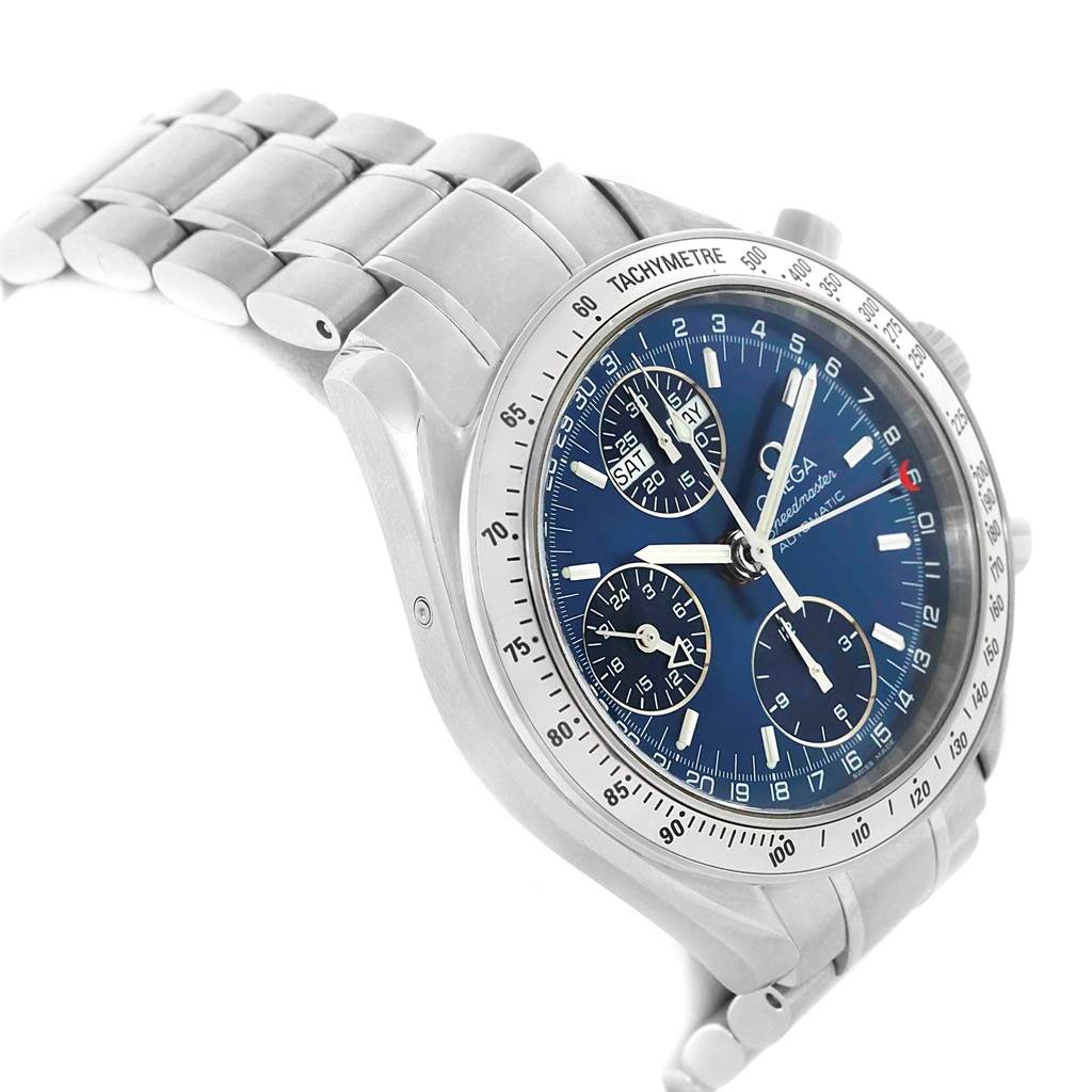The Omega Speedmaster 3523.80.00 Men
s Stainless Steel Blue Dial 3523.80.00 Men
s Stainless Steel Blue Dial watch is shown from an angled side view, displaying its case, dial, tachymeter bezel, and bracelet.
