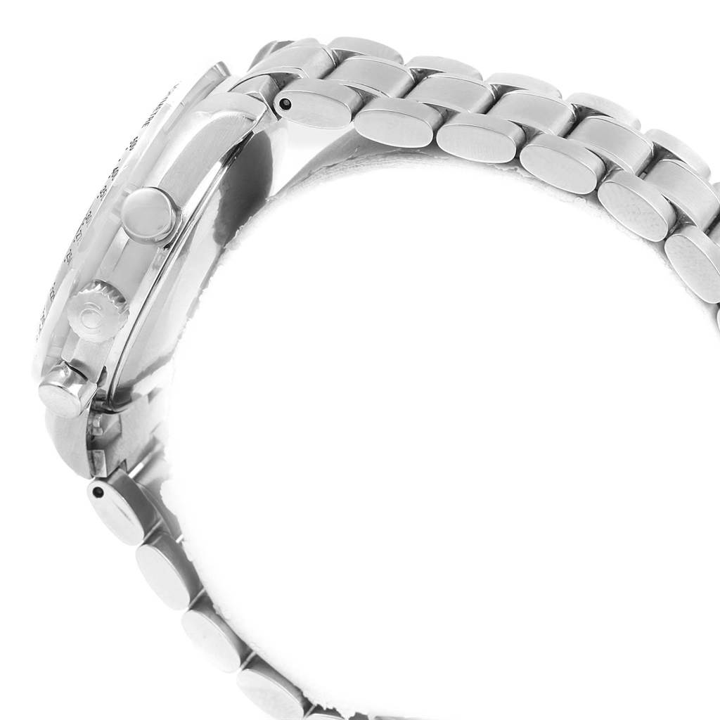 This image shows a side view of the Omega Speedmaster 3523.80.00 Men
s Stainless Steel Blue Dial 3523.80.00 Men
s Stainless Steel Blue Dial watch, focusing on the crown, pushers, and part of the metal bracelet.