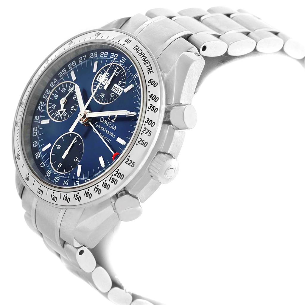 The image shows a side-angle view of an Omega Speedmaster 3523.80.00 Men
s Stainless Steel Blue Dial 3523.80.00 Men
s Stainless Steel Blue Dial watch, displaying the face, bezel, pushers, and part of the bracelet.