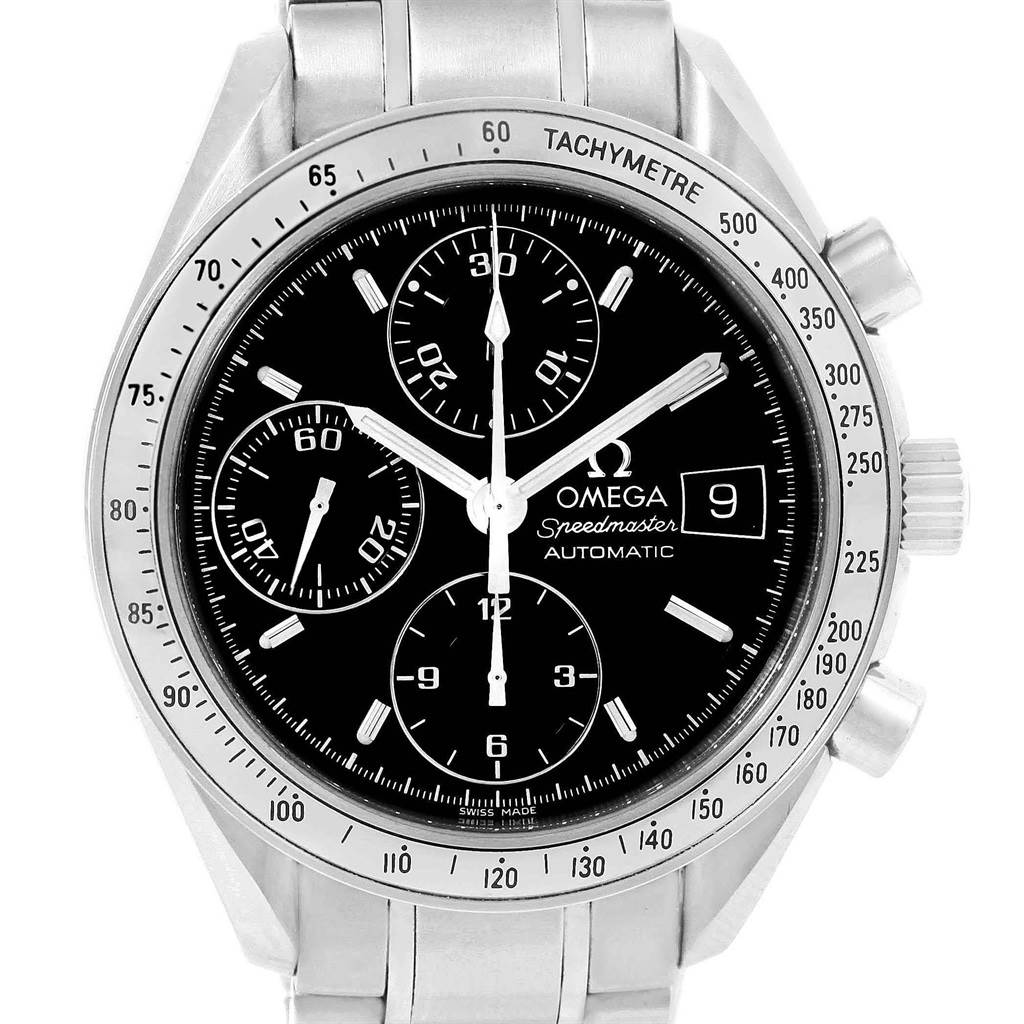 The image shows a frontal view of an Omega Speedmaster 3513.50.00 Men
s Stainless Steel Black Dial 3513.50.00 Men
s Stainless Steel Black Dial watch, displaying its face, sub-dials, bezel, and tachymeter scale.