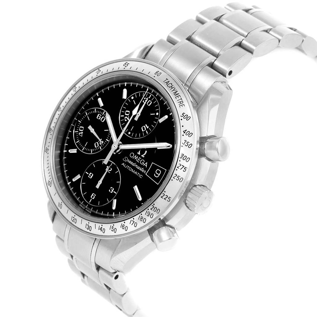 The Omega Speedmaster 3513.50.00 Men
s Stainless Steel Black Dial 3513.50.00 Men
s Stainless Steel Black Dial watch is shown from a tilted front angle, highlighting its face, bezel, and metal bracelet.