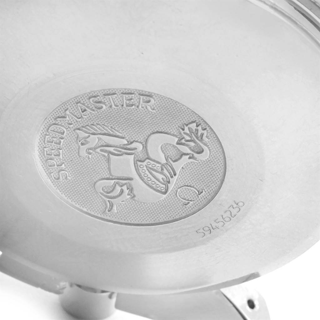 This image shows the engraved case back of an Omega Speedmaster 3513.50.00 Men
s Stainless Steel Black Dial 3513.50.00 Men
s Stainless Steel Black Dial watch.