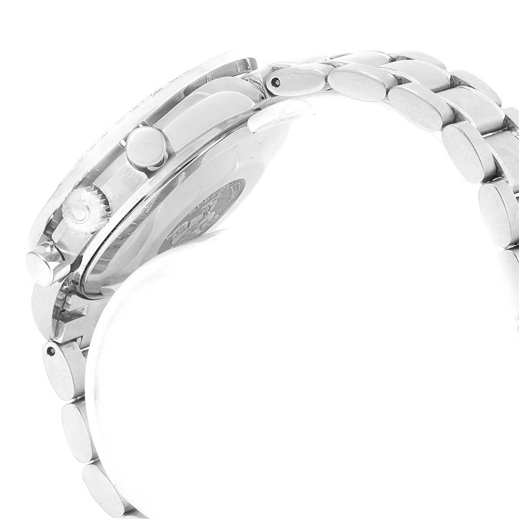 The image shows a side view of the Omega Speedmaster 3513.50.00 Men
s Stainless Steel Black Dial 3513.50.00 Men
s Stainless Steel Black Dial, focusing on the case, crown, pushers, and bracelet links.