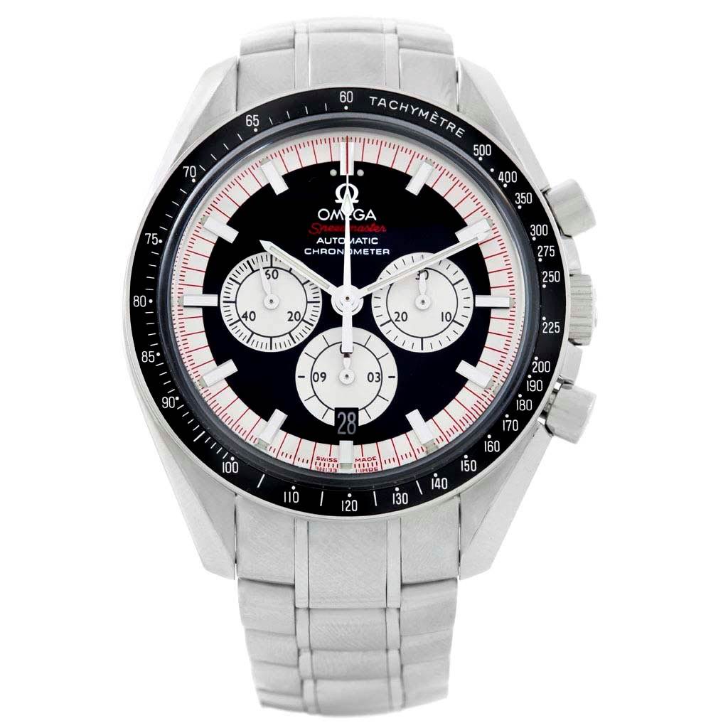 The image shows a front view of an Omega Speedmaster 3507.51.00 Men's Stainless Steel Black Dial 3507.51.00 Men's Stainless Steel Black Dial watch, displaying its face, band, and tachymeter bezel.