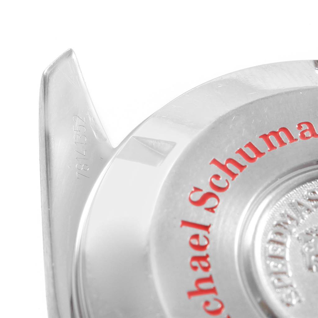 The image shows a close-up of the case back and lug of an Omega Speedmaster 3507.51.00 Men's Stainless Steel Black Dial 3507.51.00 Men's Stainless Steel Black Dial watch with engraved text.