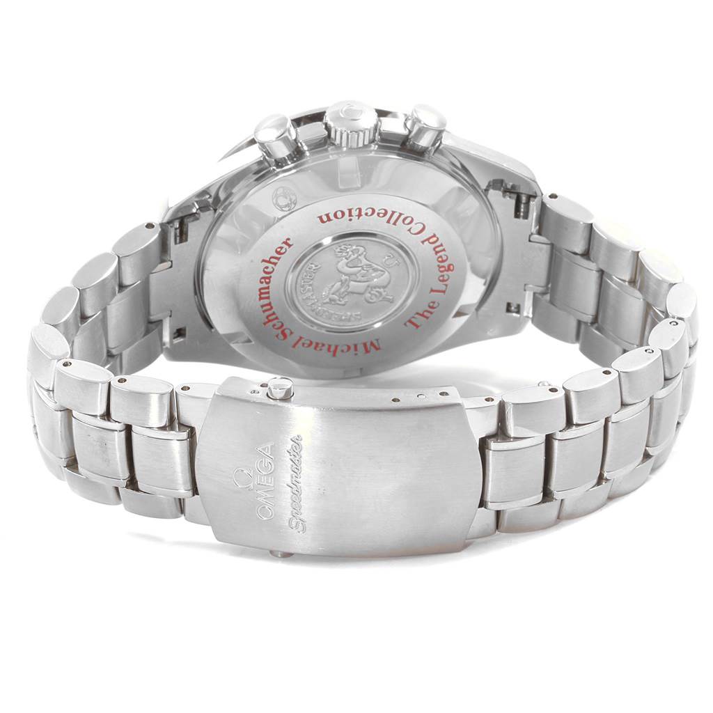 The Omega Speedmaster 3507.51.00 Men's Stainless Steel Black Dial 3507.51.00 Men's Stainless Steel Black Dial watch is shown from the back, highlighting the case back, bracelet, and clasp.