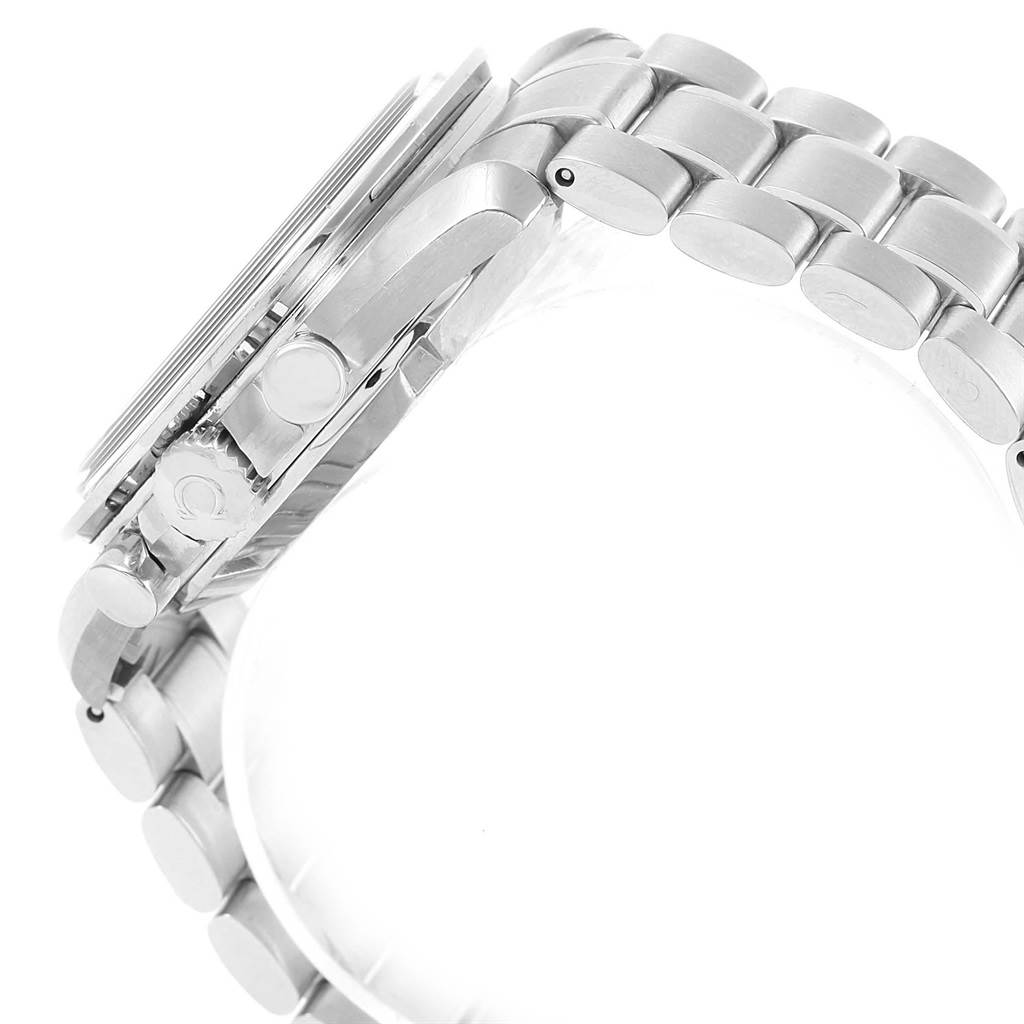 The image shows the side view of an Omega Speedmaster 3507.51.00 Men's Stainless Steel Black Dial 3507.51.00 Men's Stainless Steel Black Dial watch, highlighting the crown, pushers, and stainless steel bracelet.