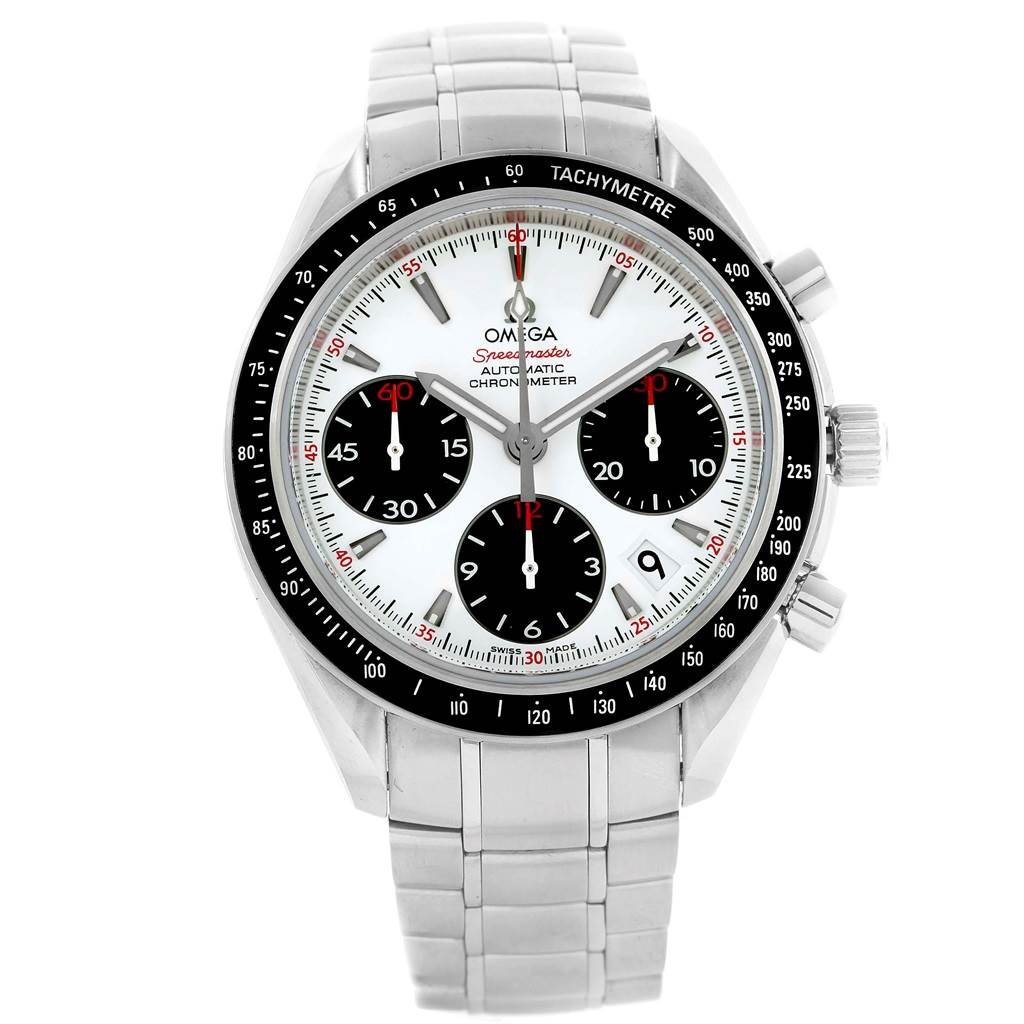The image shows a front view of an Omega Speedmaster 323.30.40.40.04.001 Men
s Stainless Steel White Dial 323.30.40.40.04.001 Men
s Stainless Steel White Dial watch, highlighting the tachymeter bezel, subdials, and metal bracelet.
