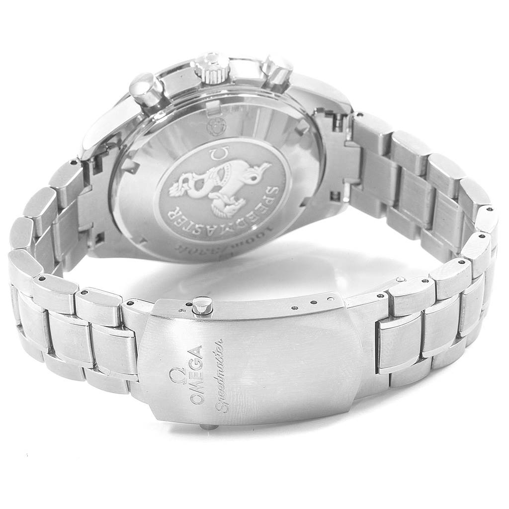 The image shows the back case and bracelet of the Omega Speedmaster 323.30.40.40.04.001 Men
s Stainless Steel White Dial 323.30.40.40.04.001 Men
s Stainless Steel White Dial watch, including the clasp and side buttons.