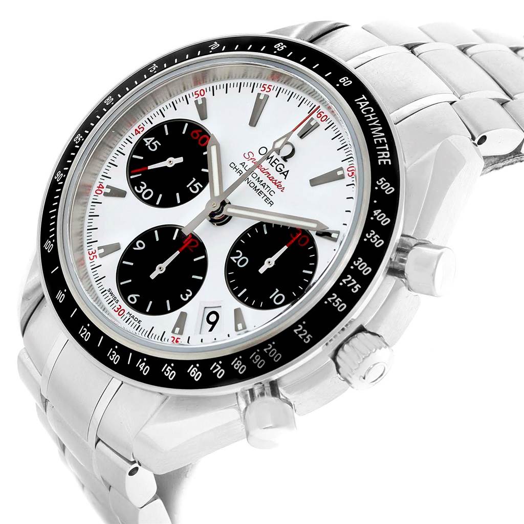 The Omega Speedmaster 323.30.40.40.04.001 Men
s Stainless Steel White Dial 323.30.40.40.04.001 Men
s Stainless Steel White Dial watch is shown from a three-quarter angle, displaying its face, bezel, buttons, and part of the bracelet.