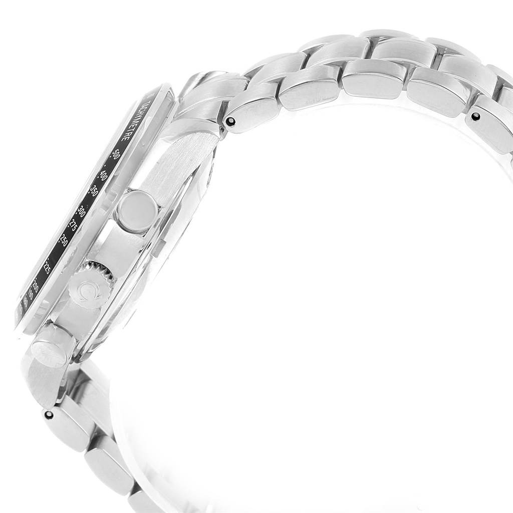 The image shows a side view of the Omega Speedmaster 323.30.40.40.04.001 Men
s Stainless Steel White Dial 323.30.40.40.04.001 Men
s Stainless Steel White Dial watch, highlighting the case, crown, and part of the bracelet.