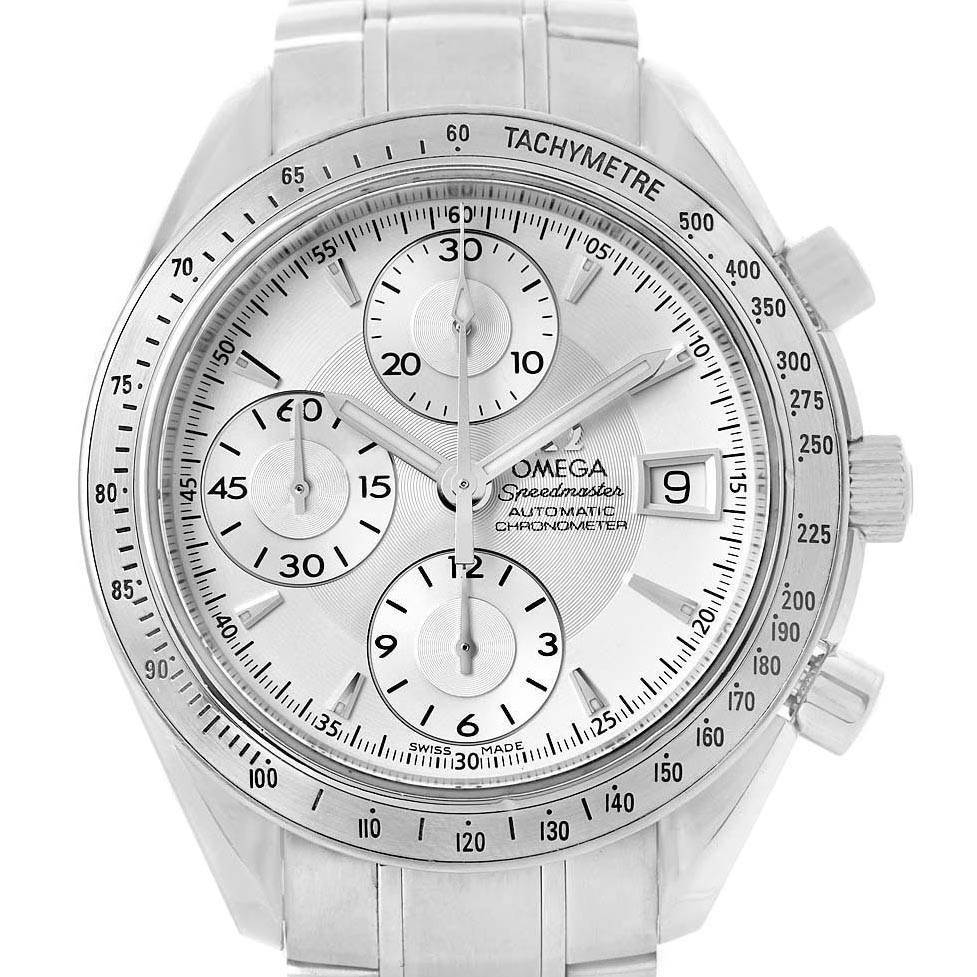 The image shows a front view of the Omega Speedmaster 3211.30.00 Men
s Stainless Steel Silver Dial 3211.30.00 Men
s Stainless Steel Silver Dial watch, displaying the dial, chronograph subdials, tachymeter scale, and date window.