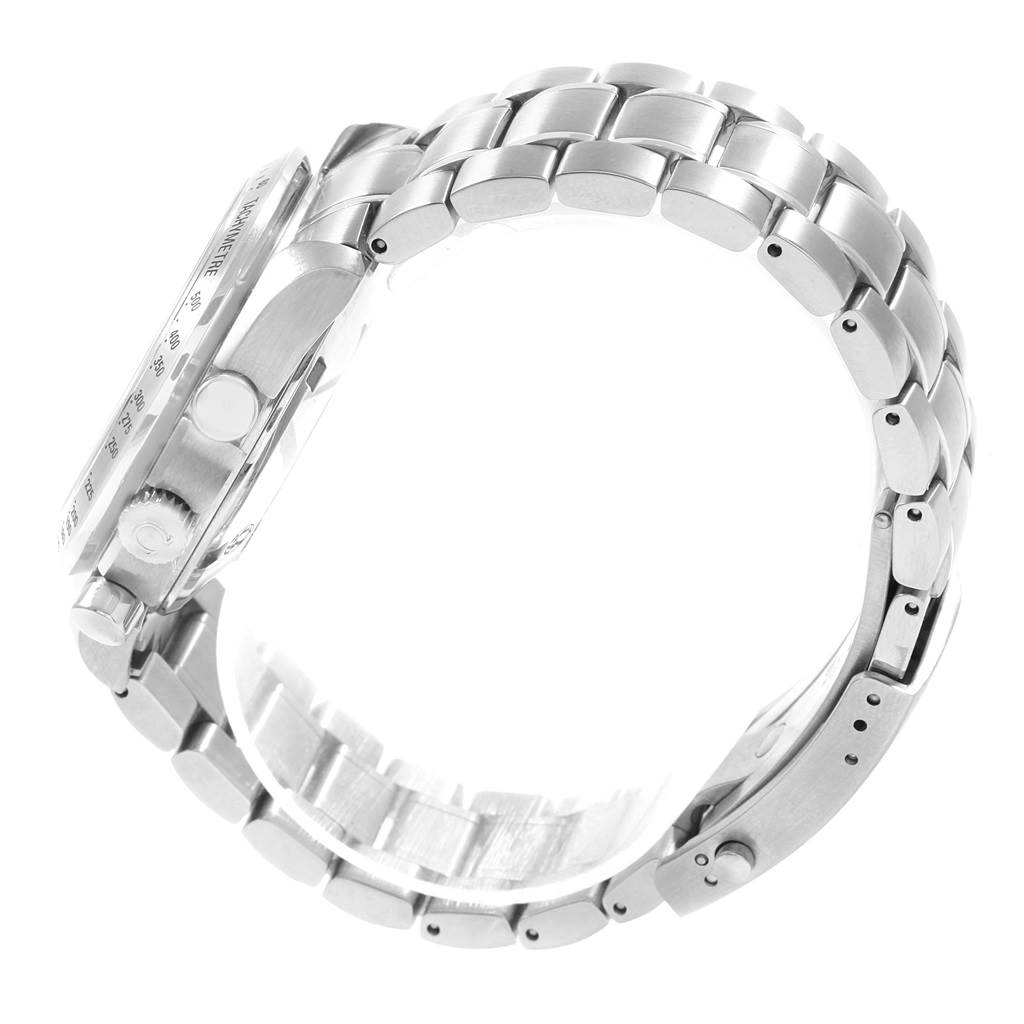 The image shows the side view of an Omega Speedmaster 3211.30.00 Men
s Stainless Steel Silver Dial 3211.30.00 Men
s Stainless Steel Silver Dial watch, highlighting its stainless steel bracelet and case.