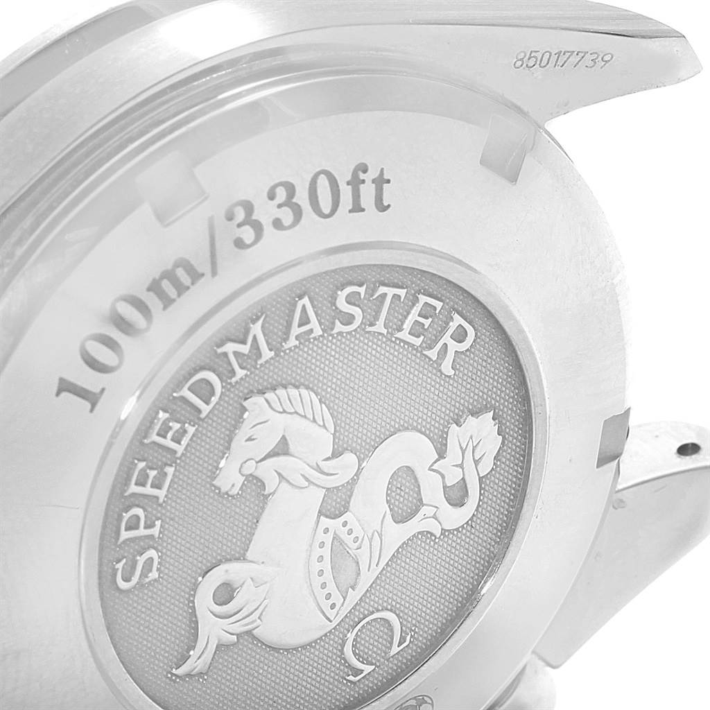 This image shows the back of an Omega Speedmaster 3211.30.00 Men
s Stainless Steel Silver Dial 3211.30.00 Men
s Stainless Steel Silver Dial watch, highlighting the engraved emblem and water resistance rating.