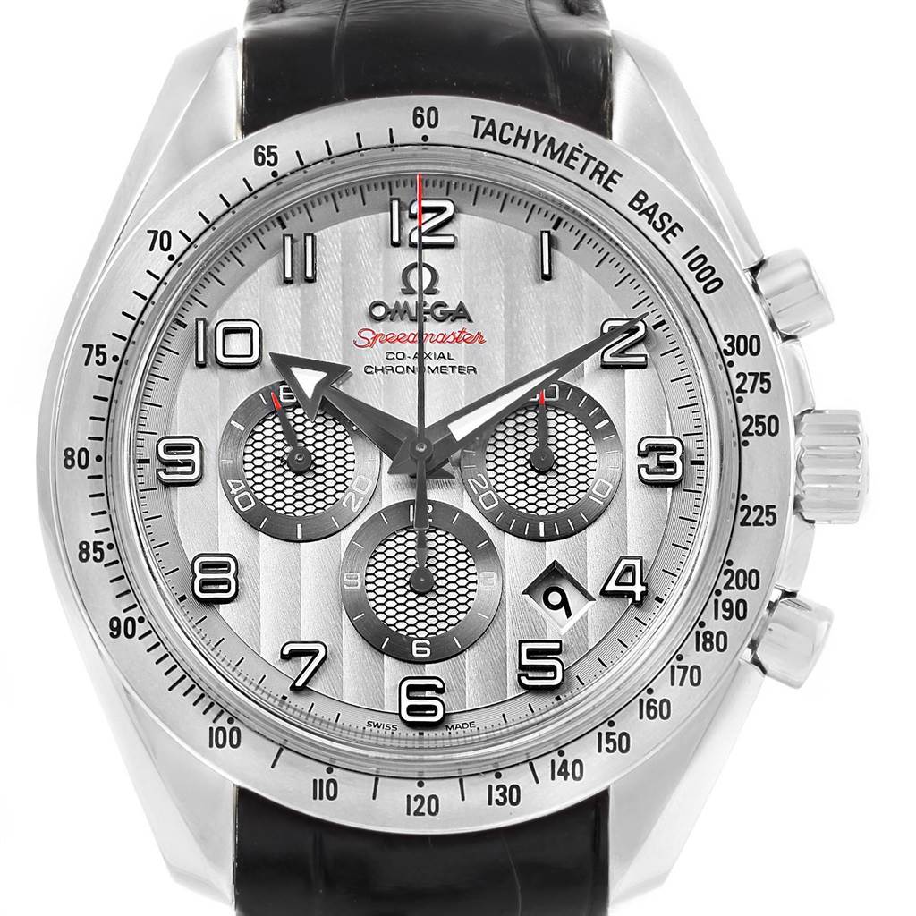 This image shows a frontal view of the Omega Speedmaster 321.13.44.50.02.001 Men
s Stainless Steel Silver Dial 321.13.44.50.02.001 Men
s Stainless Steel Silver Dial watch, displaying the dial, hands, subdials, and tachymeter bezel.
