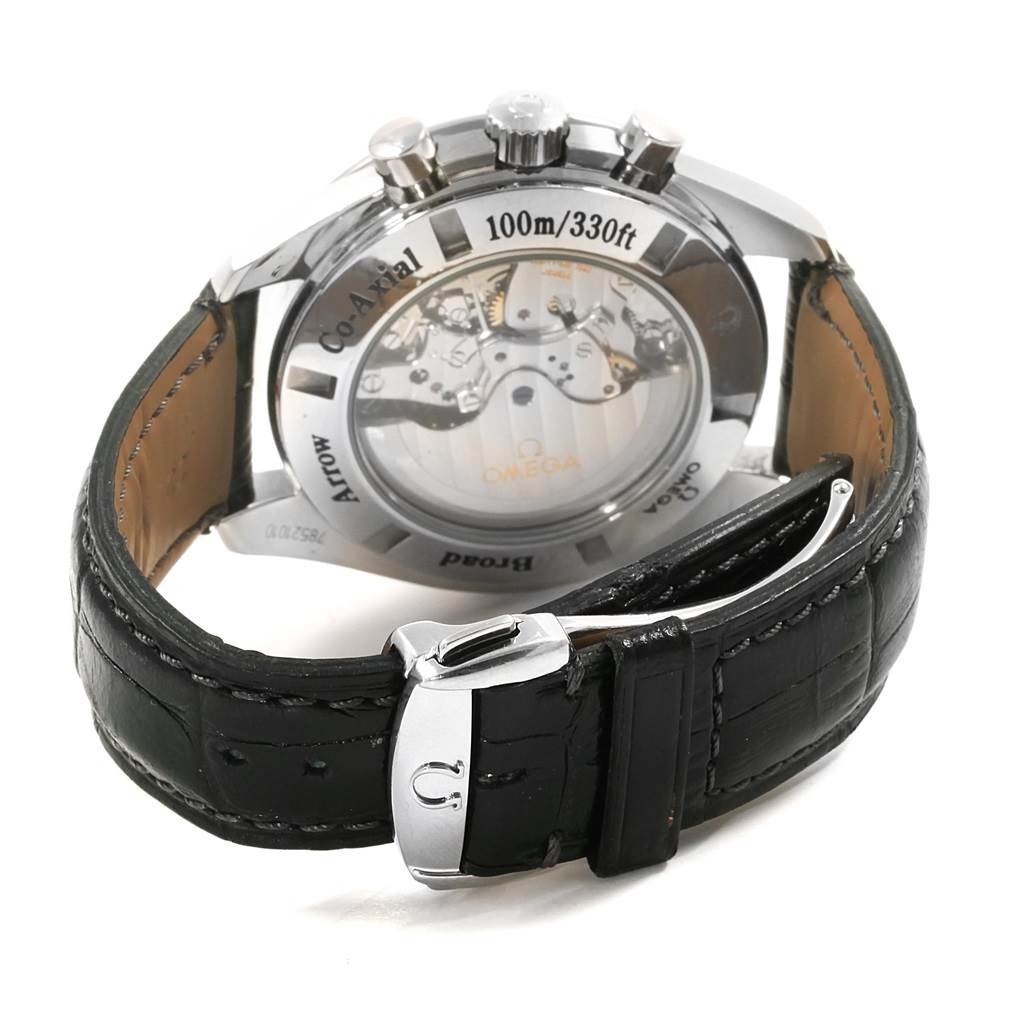 This image shows the back of an Omega Speedmaster 321.13.44.50.02.001 Men
s Stainless Steel Silver Dial 321.13.44.50.02.001 Men
s Stainless Steel Silver Dial watch, highlighting its transparent case back and leather strap with a clasp.