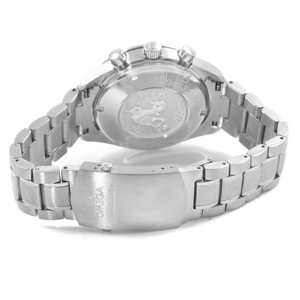 This rear view shows the clasp and back of the Omega Speedmaster 3222.80.00 Men
s Stainless Steel Blue Dial 3222.80.00 Men
s Stainless Steel Blue Dial watch, featuring its detailed case back and stainless steel bracelet.