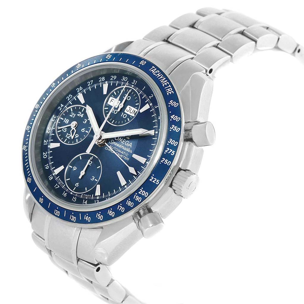 The Omega Speedmaster 3222.80.00 Men
s Stainless Steel Blue Dial 3222.80.00 Men
s Stainless Steel Blue Dial watch is shown at a three-quarter angle, highlighting its face, tachymeter, and stainless steel bracelet.