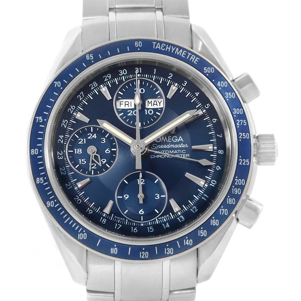 The Omega Speedmaster 3222.80.00 Men
s Stainless Steel Blue Dial 3222.80.00 Men
s Stainless Steel Blue Dial watch is shown from a front angle, displaying its face and stainless steel bracelet.
