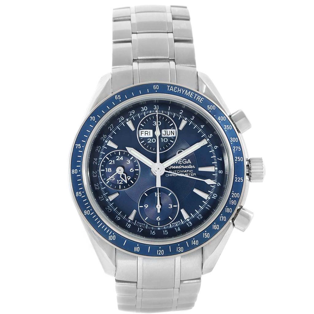 This image shows a front view of an Omega Speedmaster 3222.80.00 Men
s Stainless Steel Blue Dial 3222.80.00 Men
s Stainless Steel Blue Dial watch, featuring its dial, bezel, pushers, and metal bracelet.