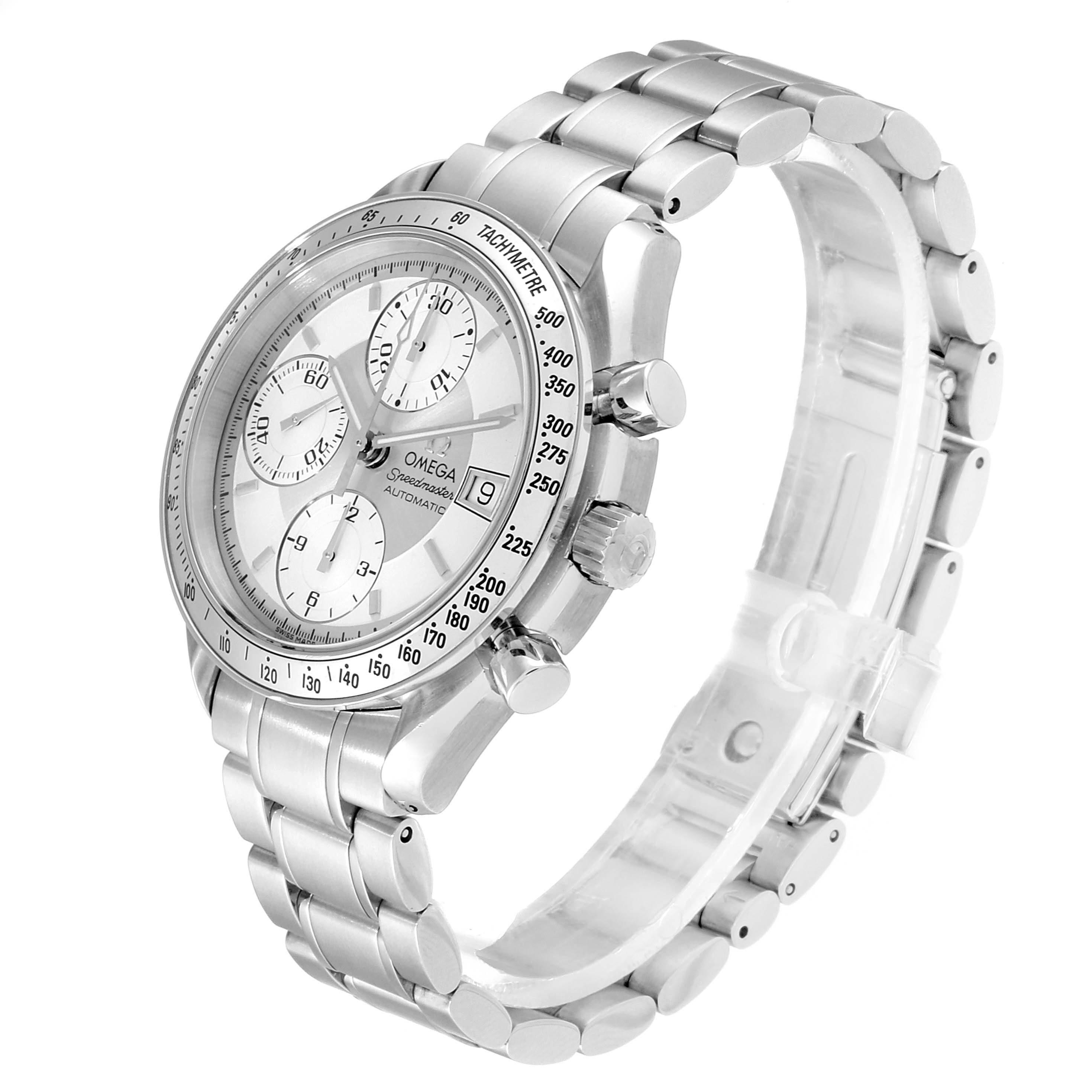 The Omega Speedmaster 3513.30.00 Men
s Stainless Steel Silver Dial 3513.30.00 Men
s Stainless Steel Silver Dial watch is shown at a three-quarter angle, displaying its face, bezel, chronograph dials, and metal bracelet.