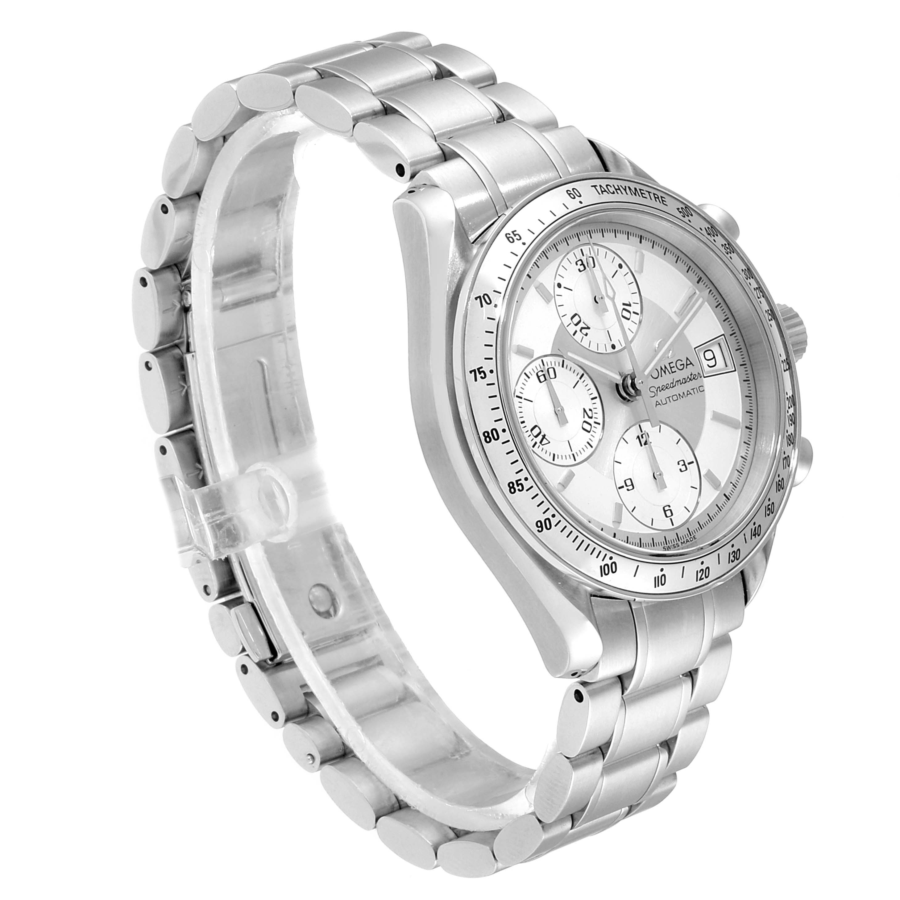 The image displays an Omega Speedmaster 3513.30.00 Men
s Stainless Steel Silver Dial 3513.30.00 Men
s Stainless Steel Silver Dial watch at a three-quarter angle, showing its silver bracelet and chronograph dial.