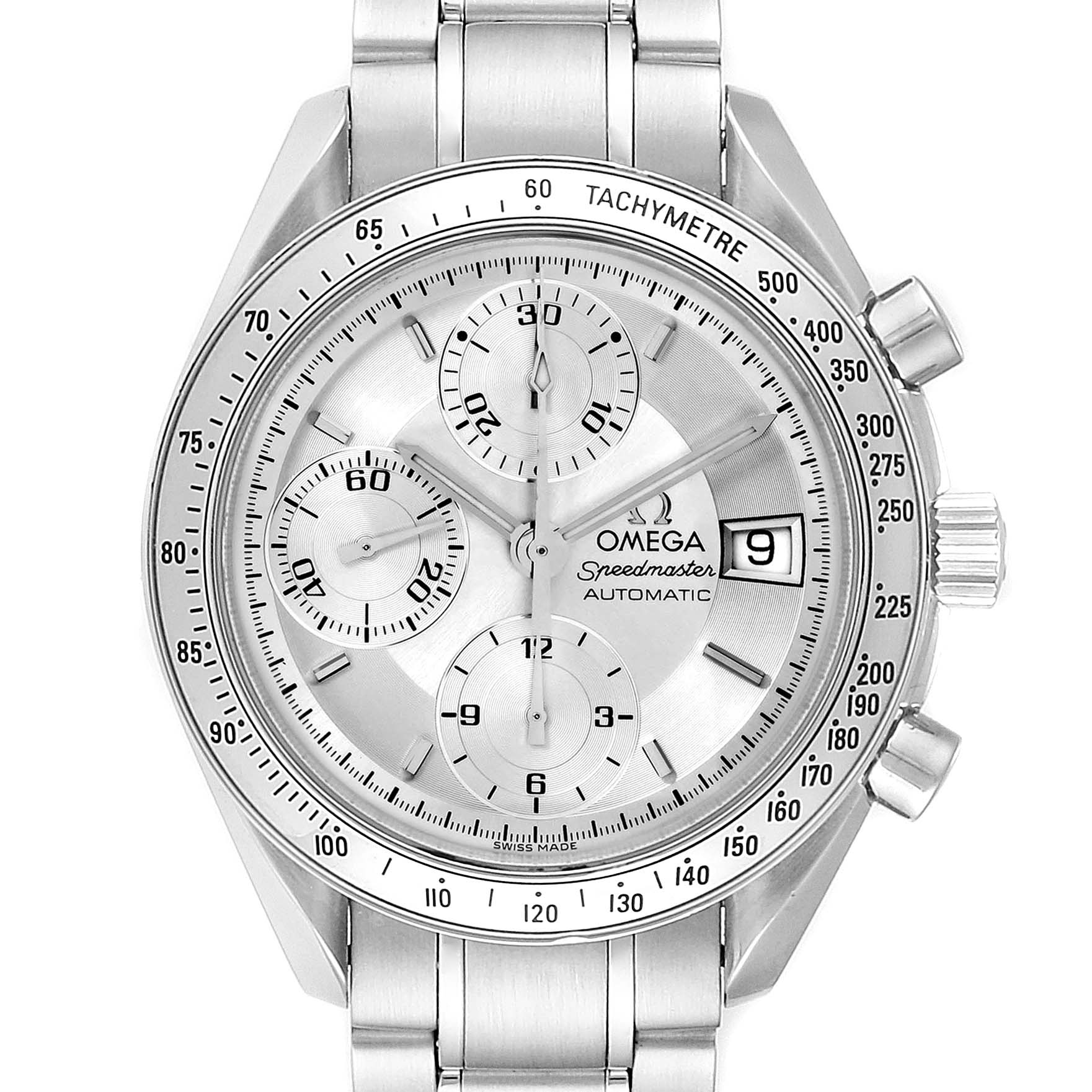 The image shows a front view of an Omega Speedmaster 3513.30.00 Men
s Stainless Steel Silver Dial 3513.30.00 Men
s Stainless Steel Silver Dial watch, highlighting its dial, sub-dials, tachymeter, and date window.