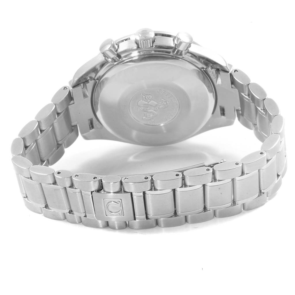 The image shows the back case and stainless steel bracelet of an Omega Speedmaster 3513.30.00 Men
s Stainless Steel Silver Dial 3513.30.00 Men
s Stainless Steel Silver Dial watch, viewed from the rear.