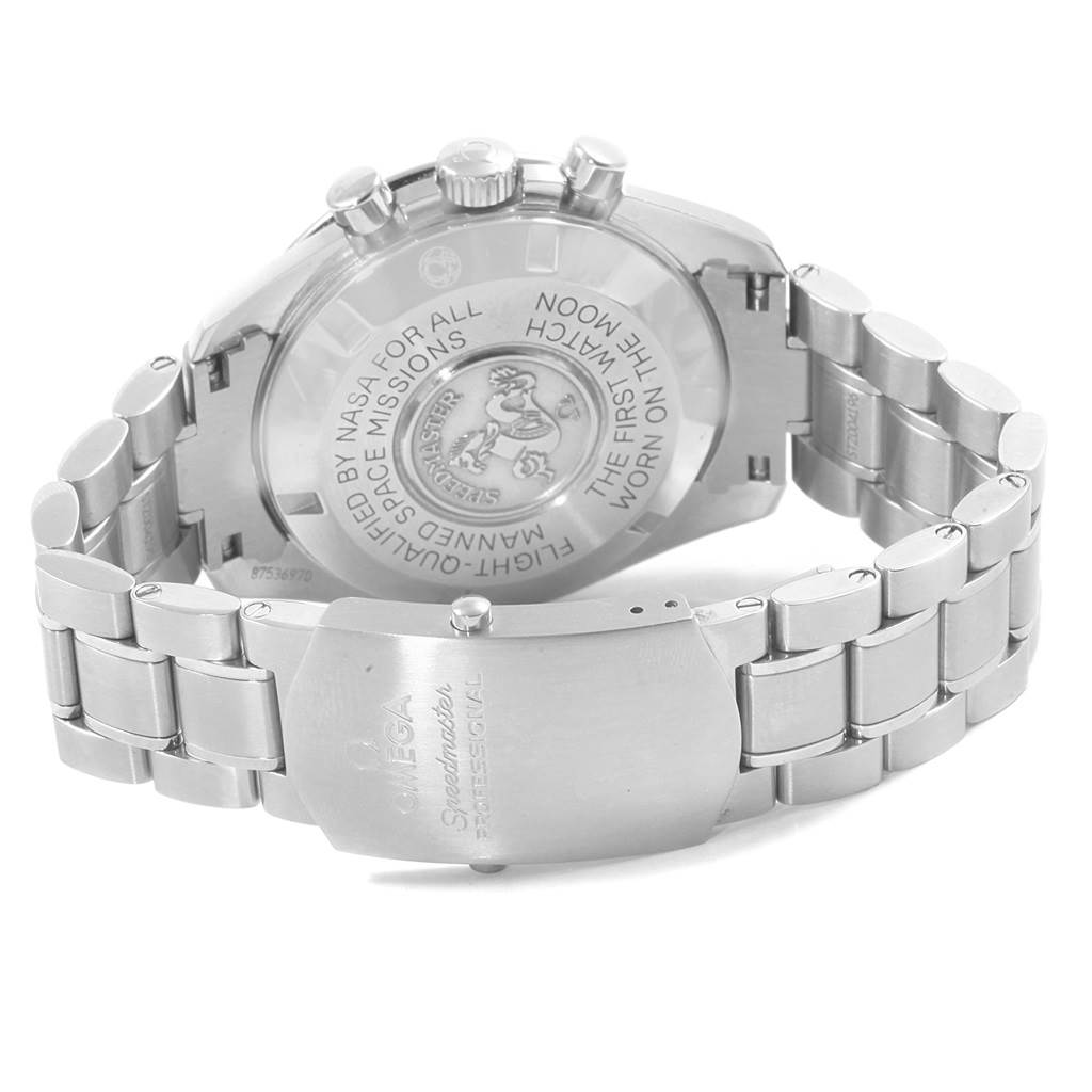 The image shows the back and bracelet of an Omega Speedmaster 311.30.42.30.01.005 Men
s Stainless Steel Black Dial 311.30.42.30.01.005 Men
s Stainless Steel Black Dial watch, highlighting the engraved case back.