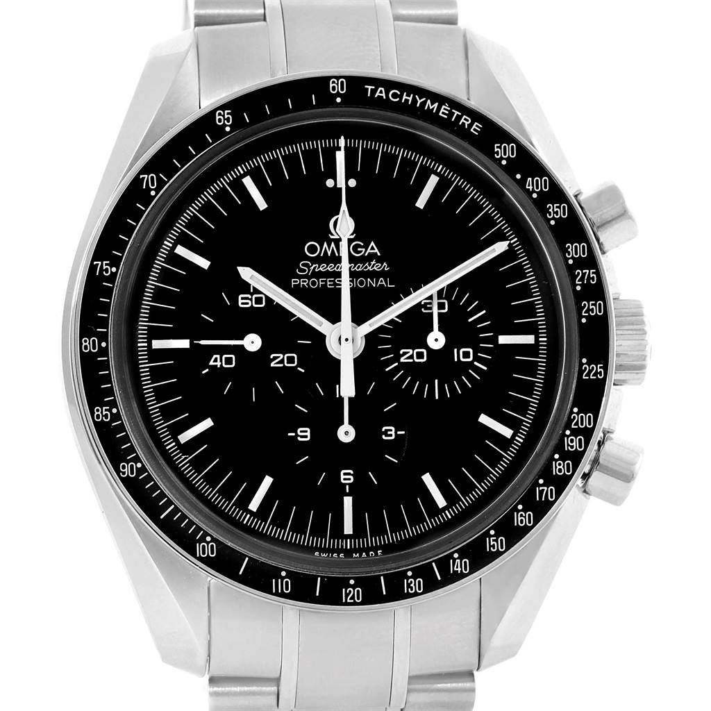 The image shows a front view of the Omega Speedmaster 311.30.42.30.01.005 Men
s Stainless Steel Black Dial 311.30.42.30.01.005 Men
s Stainless Steel Black Dial watch, highlighting its black dial, tachymeter bezel, and chronograph sub-dials.