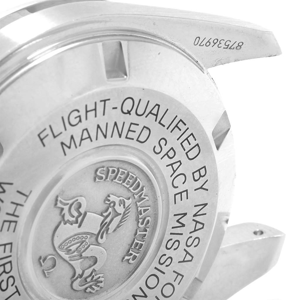 This image shows the case back and lugs of the Omega Speedmaster 311.30.42.30.01.005 Men
s Stainless Steel Black Dial 311.30.42.30.01.005 Men
s Stainless Steel Black Dial watch, highlighting its engraved details.