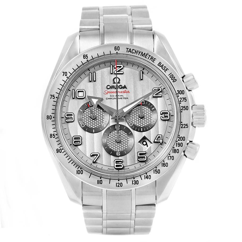 The Omega Speedmaster 321.10.44.50.02.001 Men
s Stainless Steel Silver Dial 321.10.44.50.02.001 Men
s Stainless Steel Silver Dial watch is shown from a frontal angle, displaying its face, dial, and bracelet.