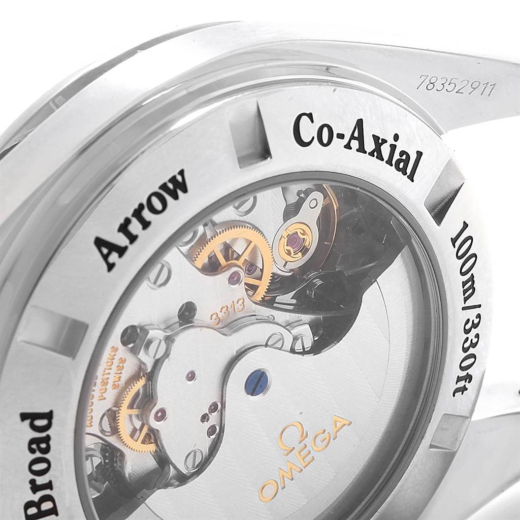 This image shows the transparent case back of an Omega Speedmaster 321.10.44.50.02.001 Men
s Stainless Steel Silver Dial 321.10.44.50.02.001 Men
s Stainless Steel Silver Dial, revealing internal mechanisms and engravings.