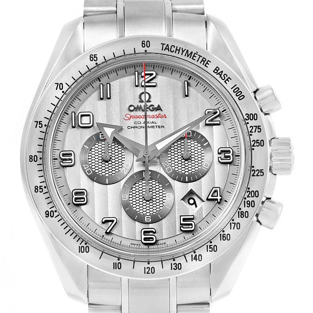 The image shows a front angle view of the Omega Speedmaster 321.10.44.50.02.001 Men
s Stainless Steel Silver Dial 321.10.44.50.02.001 Men
s Stainless Steel Silver Dial watch, highlighting its tachymetric bezel and chronograph subdials.