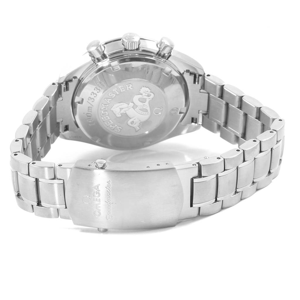 The image shows the back case, bracelet, and clasp of an Omega Speedmaster 3212.80.00 Men
s Stainless Steel Blue Dial 3212.80.00 Men
s Stainless Steel Blue Dial watch from a rear angle.
