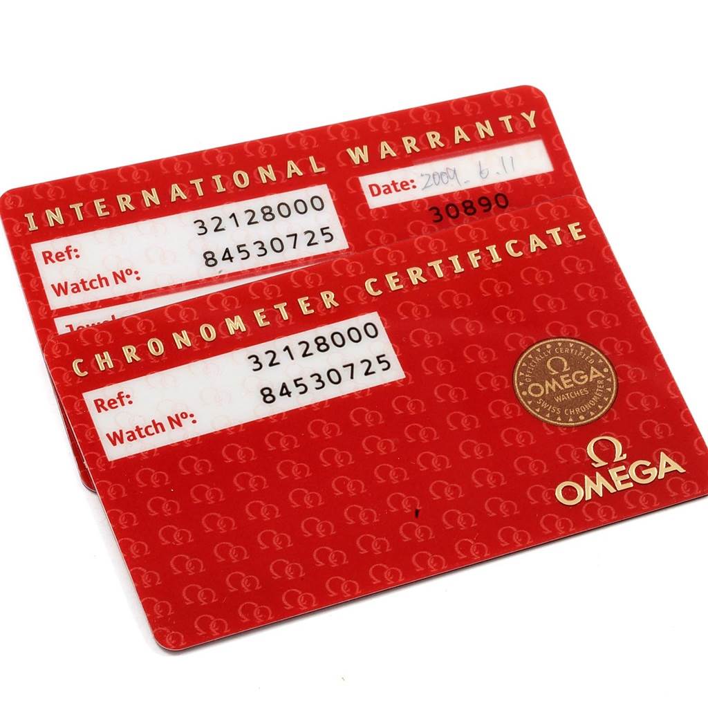 The image shows warranty and chronometer certificate cards for the Omega Speedmaster 3212.80.00 Men
s Stainless Steel Blue Dial 3212.80.00 Men
s Stainless Steel Blue Dial model watch.