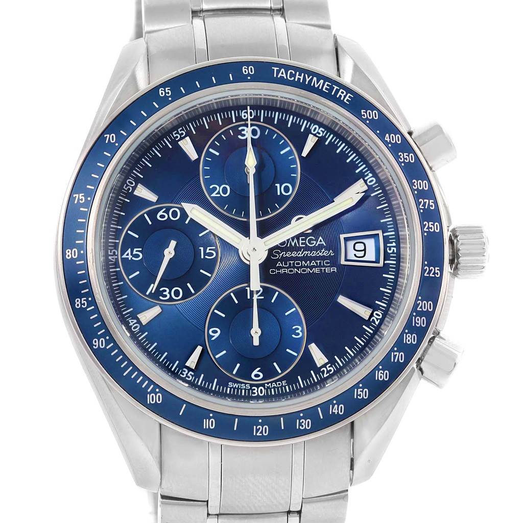 The image shows a front view of the Omega Speedmaster 3212.80.00 Men
s Stainless Steel Blue Dial 3212.80.00 Men
s Stainless Steel Blue Dial watch, showcasing the dial, sub-dials, tachymeter bezel, and stainless steel bracelet.