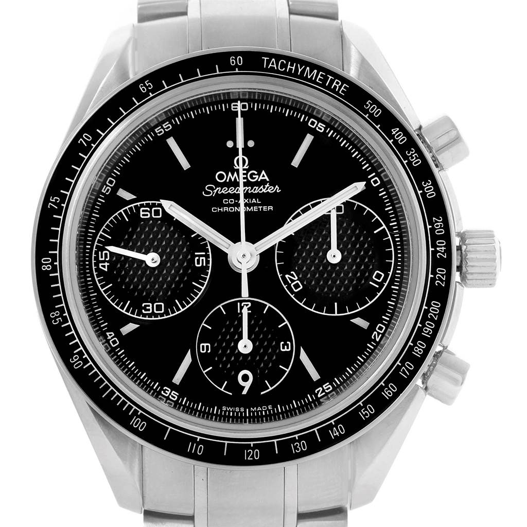 The image displays a frontal view of the Omega Speedmaster 326.30.40.50.01.001 Men
s Stainless Steel Black Dial 326.30.40.50.01.001 Men
s Stainless Steel Black Dial watch, showcasing its dial, bezel, and part of the bracelet.
