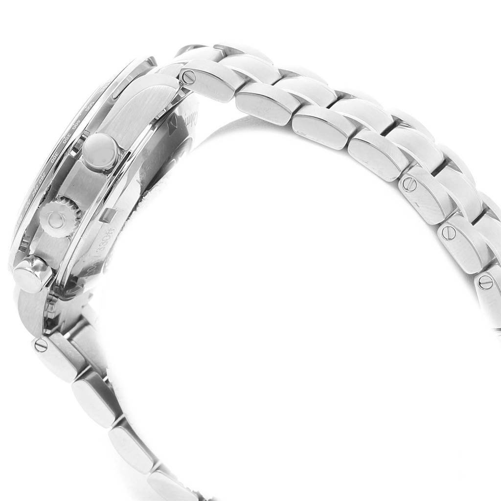 The image shows a side view of an Omega Speedmaster 326.30.40.50.01.001 Men
s Stainless Steel Black Dial 326.30.40.50.01.001 Men
s Stainless Steel Black Dial watch, highlighting the crown, pushers, and stainless steel bracelet.