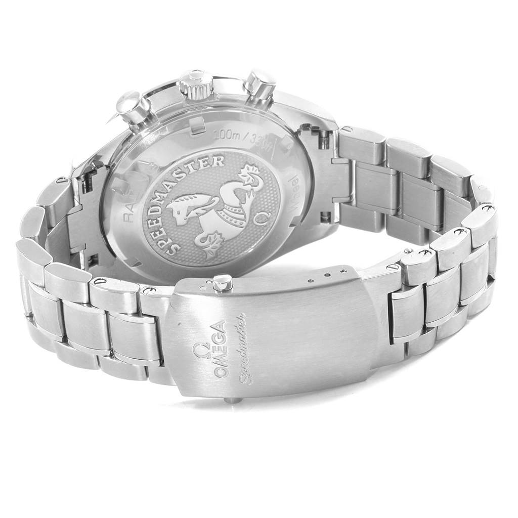 The image shows the back case and clasp of the Omega Speedmaster 326.30.40.50.01.001 Men
s Stainless Steel Black Dial 326.30.40.50.01.001 Men
s Stainless Steel Black Dial watch at an angle slightly above and behind it.