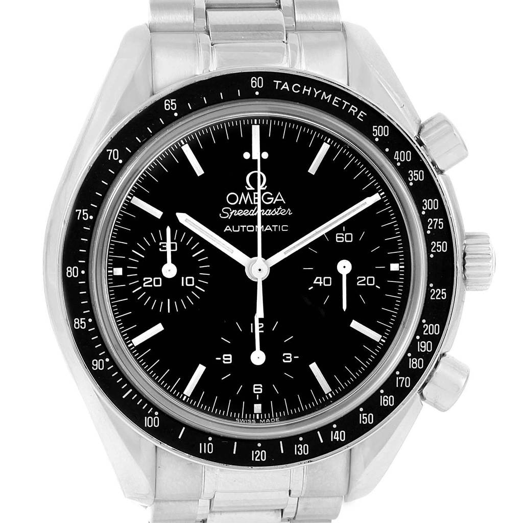 This image shows a frontal view of an Omega Speedmaster 3539.50.00 Men
s Stainless Steel Black Dial 3539.50.00 Men
s Stainless Steel Black Dial watch, displaying the dial, tachymeter, and steel bracelet.