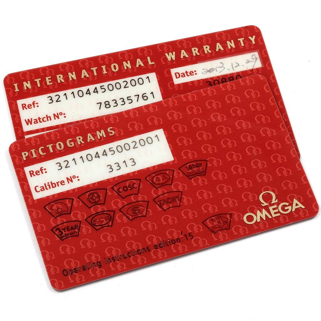 The image shows two red cards for the Omega Speedmaster 321.10.44.50.02.001 Men
s Stainless Steel Silver Dial 321.10.44.50.02.001 Men
s Stainless Steel Silver Dial model: an International Warranty card and a Pictograms card.