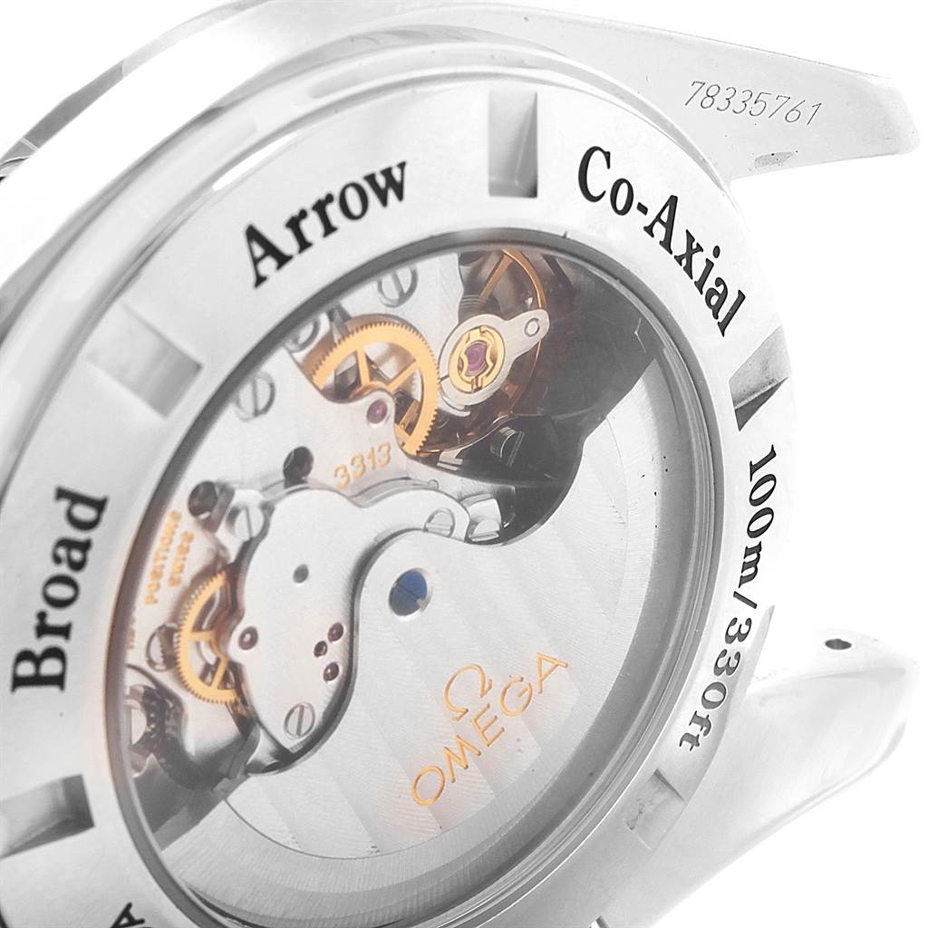 The image shows the back of the Omega Speedmaster 321.10.44.50.02.001 Men
s Stainless Steel Silver Dial 321.10.44.50.02.001 Men
s Stainless Steel Silver Dial watch, revealing its Co-Axial movement and internal mechanism.